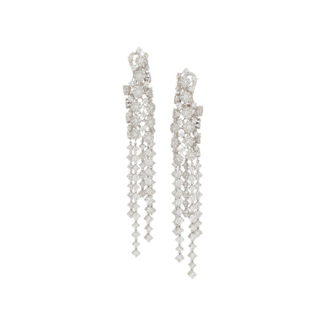 CHIMENTO, DIAMOND AND WHITE GOLD EARRINGS: CHIMENTO, DIAMOND AND WHITE GOLD EARRINGS In a fringed design, diamond cluster tops suspending strands of round diamonds weighing approximately 11.10 carats total. Mounted in 18 karat white gold. 3 1/