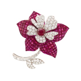 RUBY AND DIAMOND FLOWER BROOCH