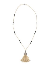 ART DECO, SEED PEARL, DIAMOND, AND ONYX TASSEL NECKLACE