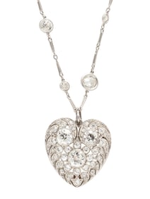 PLATINUM AND DIAMOND STATION CHAIN AND DIAMOND HEART PENDANT BROOCH