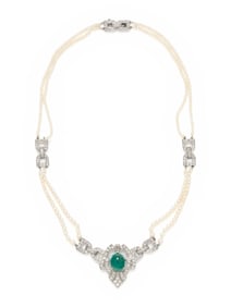 ART DECO, EMERALD, DIAMOND, AND SEED PEARL CHOKER NECKLACE