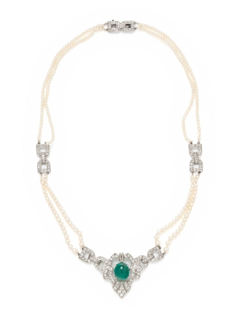 ART DECO, EMERALD, DIAMOND, AND SEED PEARL CHOKER NECKLACE (1 of 3)