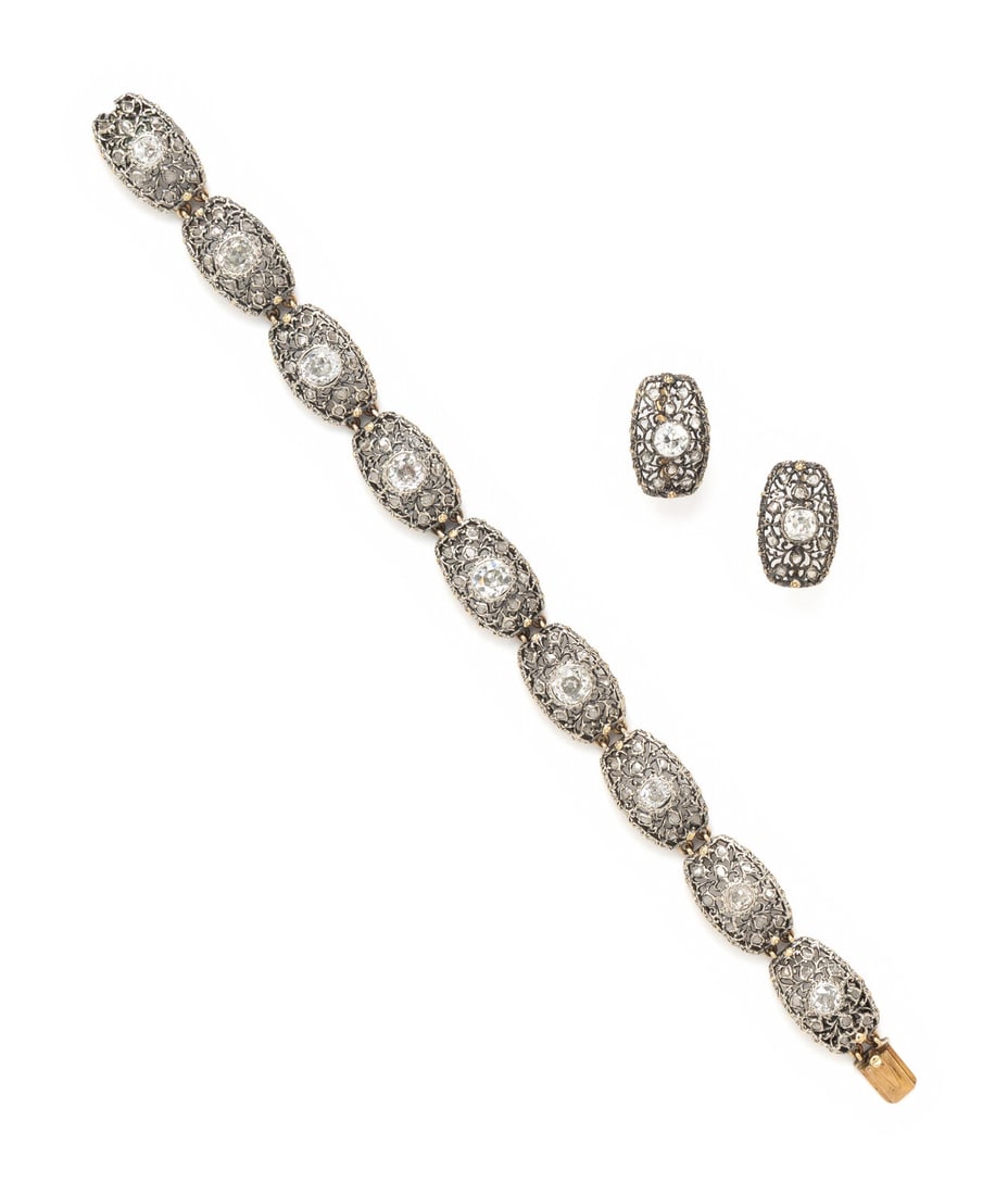 M. BUCCELLATI, SILVER-TOPPED GOLD AND DIAMOND BRACELET AND EARRINGS (1 of 3)