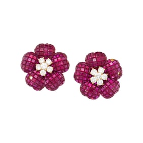 RUBY AND DIAMOND  FLOWER EARRINGS