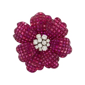 RUBY AND DIAMOND FLOWER BROOCH