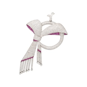 DIAMOND, RUBY, AND WHITE GOLD BOW PENDANT BROOCH