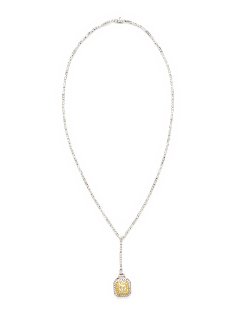 SOPHIA D., YELLOW DIAMOND, DIAMOND, AND PLATINUM LAVALIER NECKLACE: SOPHIA D., YELLOW DIAMOND, DIAMOND, AND PLATINUM LAVALIER NECKLACE The pendant featuring a radiant cut yellow diamond (origin of color not tested) weighing approximately 1.45 carats by formula, haloed
