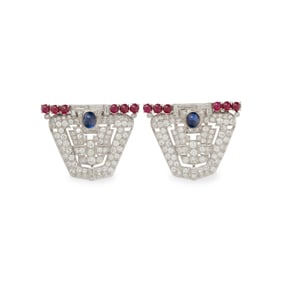 PAIR OF DIAMOND, SAPPHIRE, RUBY, AND WHITE GOLD DRESS CLIPS