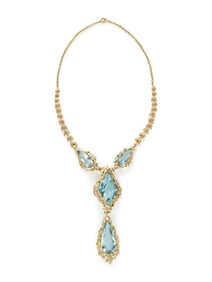 AQUAMARINE, SEED PEARL, AND YELLOW GOLD NECKLACE