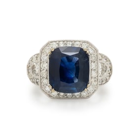 SAPPHIRE, DIAMOND, AND WHITE GOLD RING