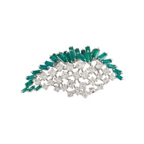 PLATINUM, EMERALD, AND DIAMOND BROOCH