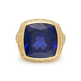 DE HAGO, YELLOW GOLD, TANZANITE, AND DIAMOND RING