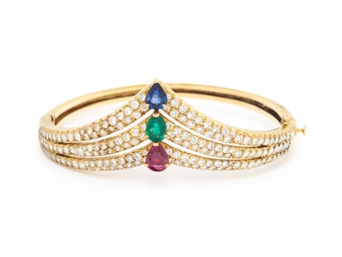 FRED, DIAMOND, MULTIGEM, AND YELLOW GOLD BANGLE BRACELET