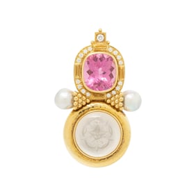 ELIZABETH GAGE, YELLOW GOLD AND MULTIGEM BROOCH