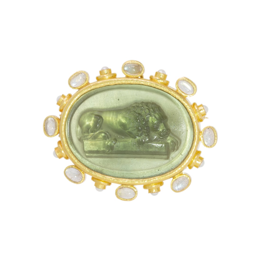 ELIZABETH LOCKE, YELLOW GOLD AND MULTIGEM LION BROOCH: ELIZABETH LOCKE, YELLOW GOLD AND MULTIGEM LION BROOCH Featuring a green Venetian glass cameo depicting a lion and backed by mother-of-pearl, the surround accented by oval cabochon moonstone and seed p