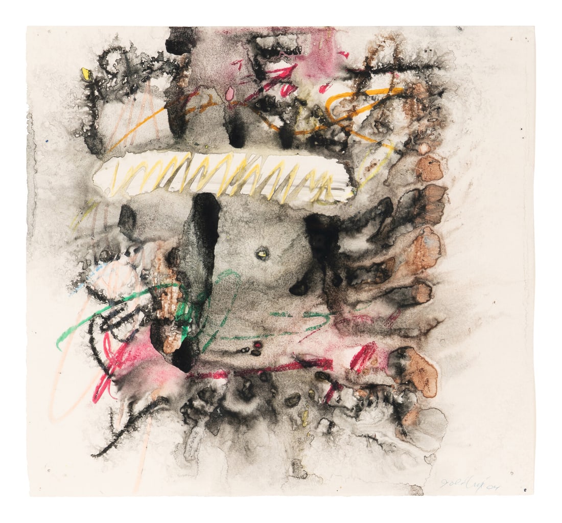 Michael Goldberg (American, 1924-2007) Untitled, 2004: Michael Goldberg (American, 1924-2007) Untitled, 2004 watercolor and mixed media on glossy paper signed Goldberg and dated (lower right) 12 3/8 x 13 1/4 inches. This lot is located in Chicago. Provena