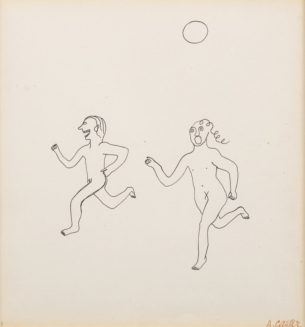 Alexander Calder (American, 1898-1976) Couple Running with the Moon, 1944: Alexander Calder (American, 1898-1976) Couple Running with the Moon, 1944 ink on paper signed A. Calder (lower right) and inscribed 21 (lower left) 11 1/4 x 10 1/2 inches. Property from the Collection