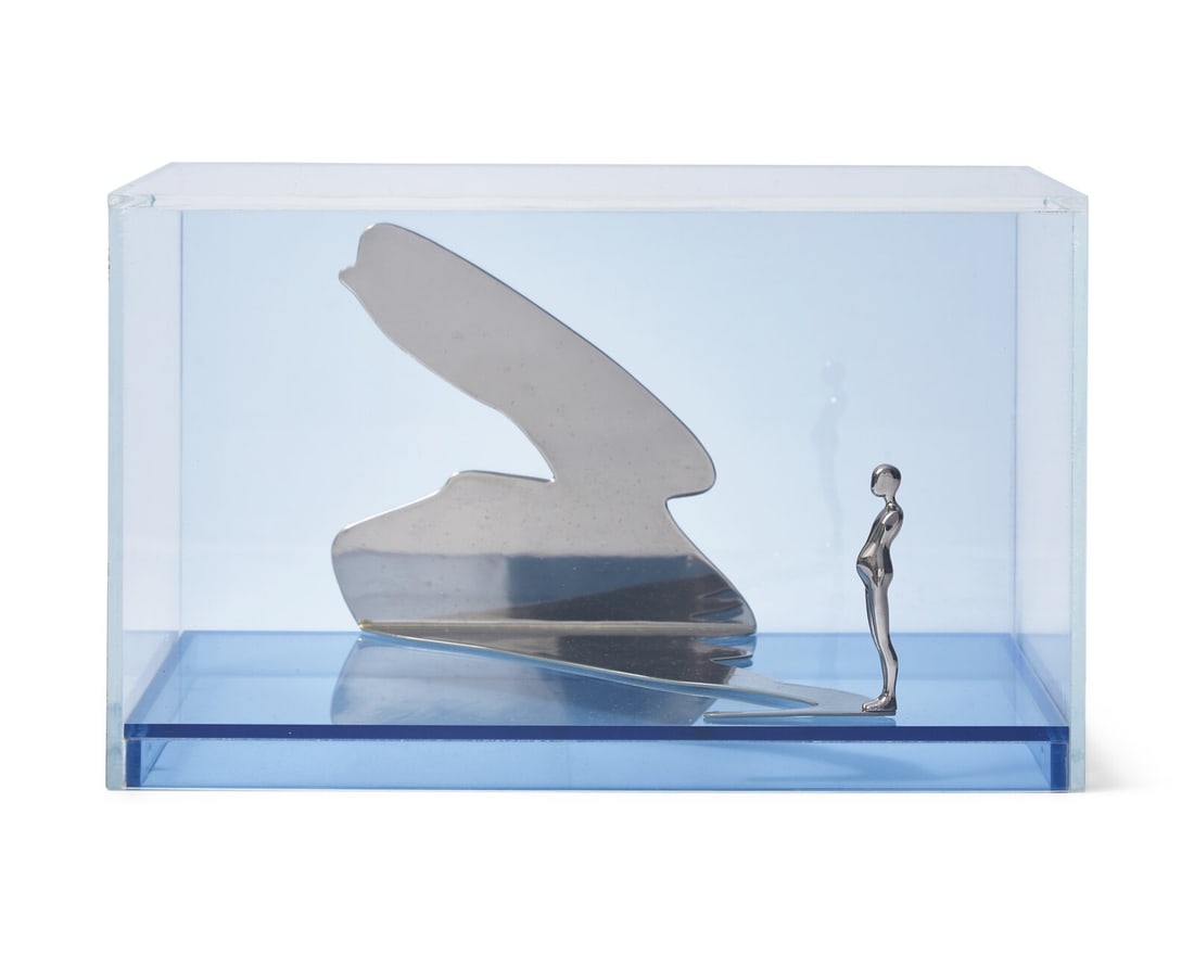 Ernest Tino Trova (American, 1927-2009) Study/Falling Man (Shadow Figure), 1971: Ernest Tino Trova (American, 1927-2009) Study/Falling Man (Shadow Figure), 1971 nickel-plated bronze in Plexiglas box stamped with the artist's stamp, dated, and numbered 117/150 (underside) Height: 7