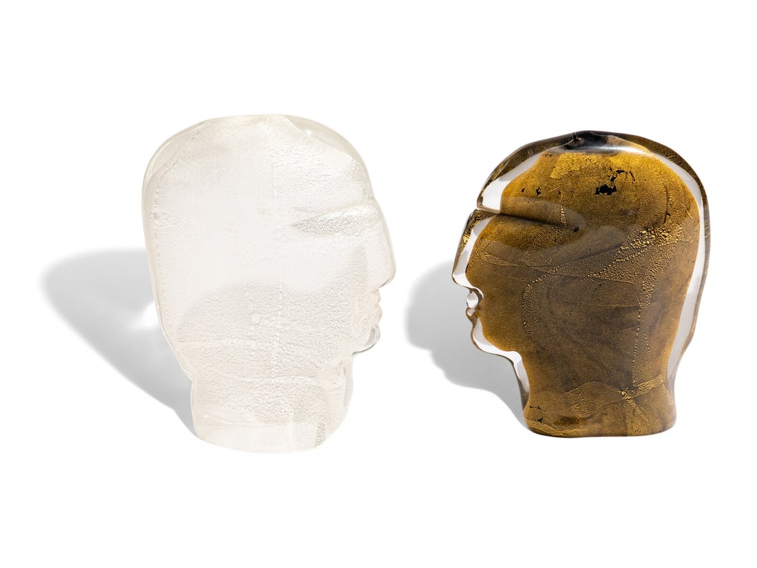 Luigi Benzoni (Italian, b. 1956) Two Heads, c. 2000: Luigi Benzoni (Italian, b. 1956) Two Heads, c. 2000 glass etched signature on lower edge of each piece larger | 9 1/2 w x 13 1/2 h x 3 d inches. Property from a Private Collection, Denver and Aspen Th