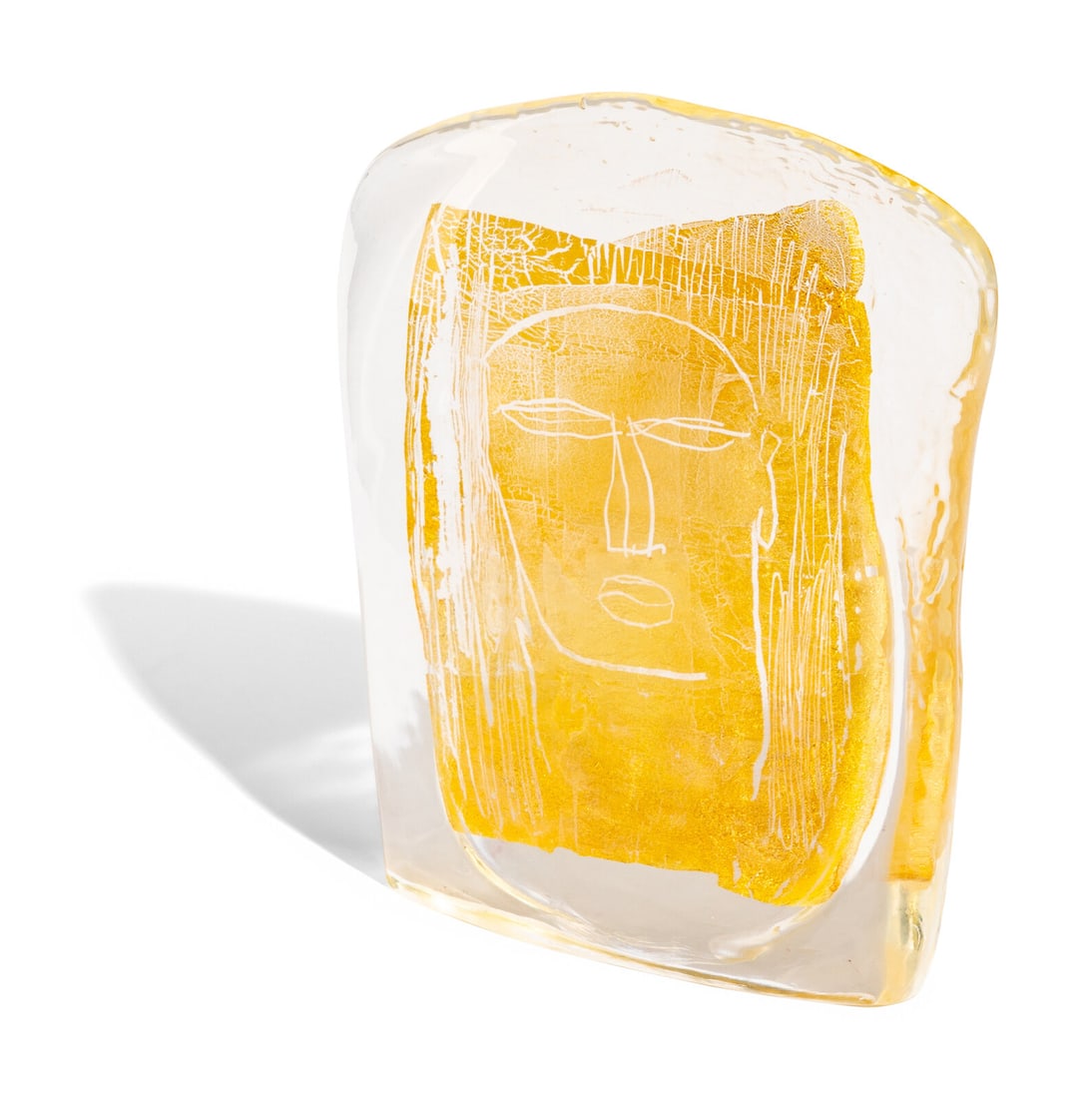 Luigi Benzoni (Italian, b. 1956) Face, c. 2000: Luigi Benzoni (Italian, b. 1956) Face, c. 2000 glass, gold leaf etched signature on underside 13 w x 14 1/4 h x 2 1/4 d inches. Property from a Private Collection, Denver and Aspen This lot is located