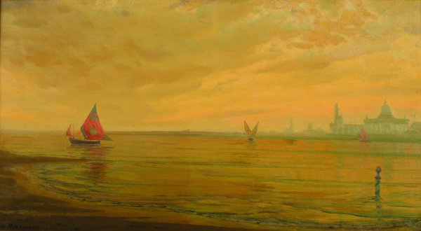 Thomas Alexander Harrison (American, 185: Thomas Alexander Harrison (American, 1853-1930) Venice at Dawn with Sailboatsoil on canvassigned lower left A. Harrison20 by 36 inches