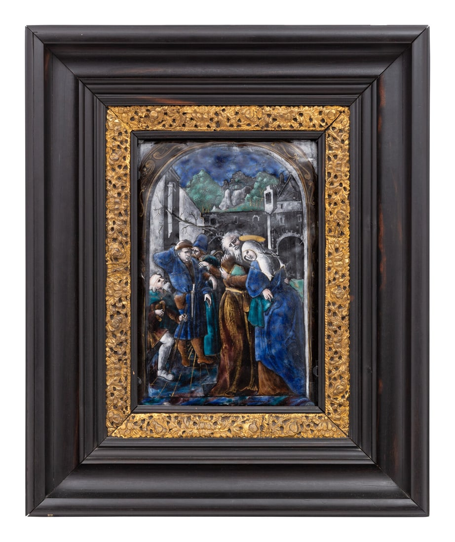 A Limoges Enamel Plaque Depicting Joachim and Anna at the Golden Gate