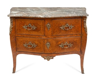 A Louis XV Gilt Bronze Mounted Tulipwood and Marble-Top Commode