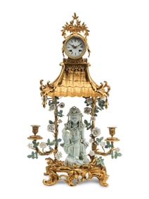 A Large Rococo Style Gilt Bronze and Porcelain Mantel Clock