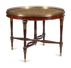 A Louis XVI Style Mahogany and Parcel Gilt Scagliola-Top Center Table