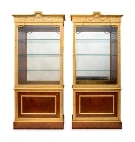 A Pair of Louis XVI Style Parcel-Gilt Burl Walnut Vitrine Cabinets