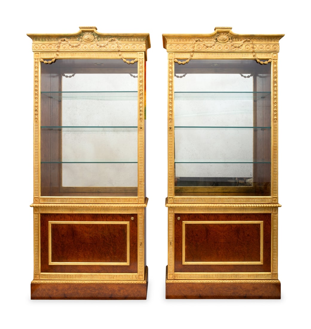 A Pair of Louis XVI Style Parcel-Gilt Burl Walnut Vitrine Cabinets (1 of 2)