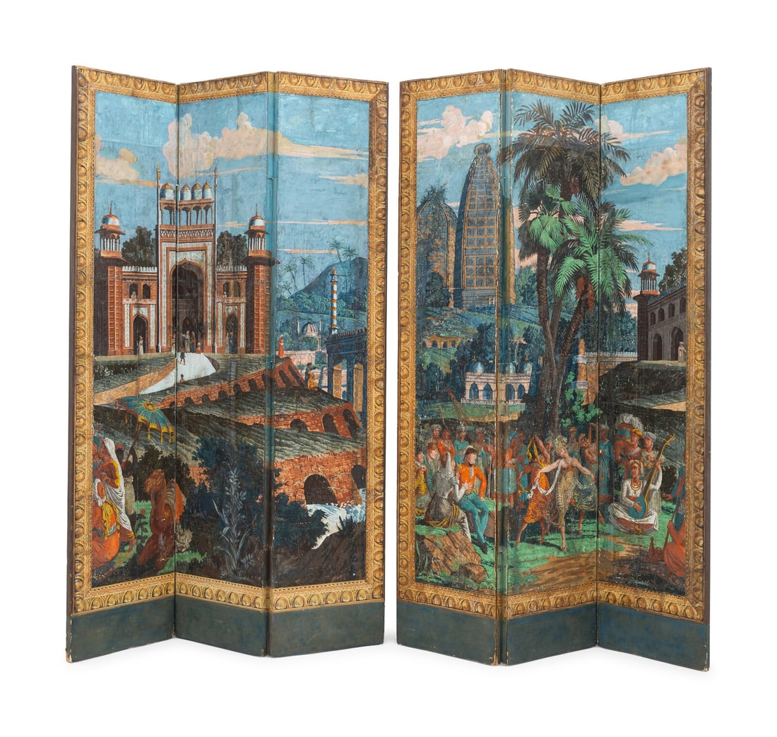 A Pair of French Scenic Wallpaper Three-Panel Screens, Grande Chasse au Tigre dans l'Inde (The Tiger (1 of 6)