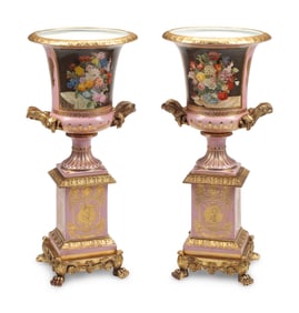 A Pair of Large Sèvres Style Porcelain and Gilt Bronze Mounted Urns