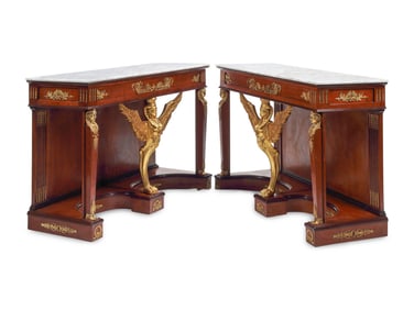 A Pair of Empire Style Gilt-Bronze Mounted Mahogany Marble-Top Console Tables