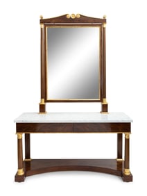 An Empire Style Parcel Gilt Mahogany Marble-Top Console Table and Mirror