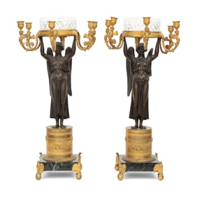 A Pair of Empire Style Gilt and Patinated Bronze and Cut Glass Six-Light Candelabra