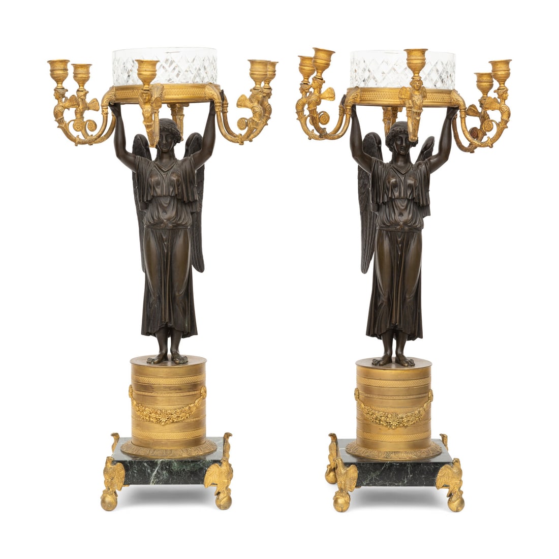 A Pair of Empire Style Gilt and Patinated Bronze and Cut Glass Six-Light Candelabra (1 of 3)