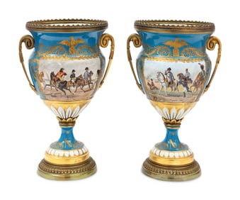 A Pair of Sevres Style Porcelain and Gilt-Bronze Mounted Napoleonic Urns