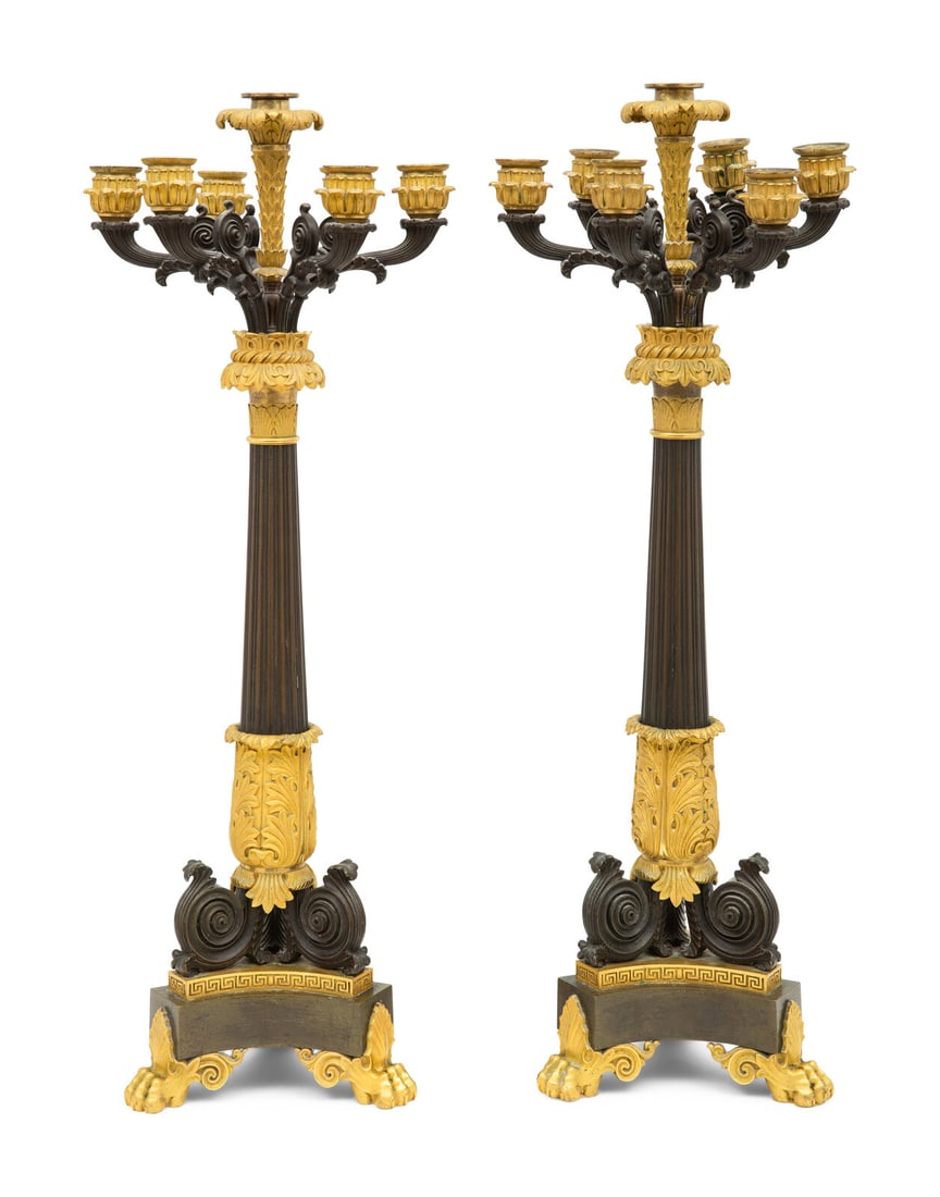 A Pair of Charles X Gilt and Patinated Bronze Seven-Light Candelabra: A Pair of Charles X Gilt and Patinated Bronze Seven-Light Candelabra 19th Century Height 27 1/4 inches. This lot is located in Palm Beach.