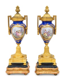 A Pair of Sèvres Style Porcelain and Gilt-Bronze Mounted Cassolettes
