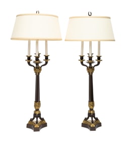 A Pair of Louis Philippe Style Gilt and Patinated Bronze Four-Light Candelabra