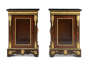 A Pair of French Gilt Bronze Mounted Boulle Marquetry Marble-Top Cabinets