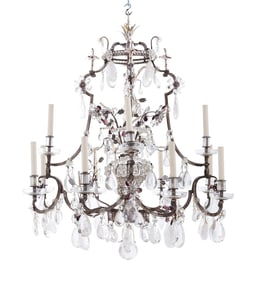 A Silvered Metal, Rock Crystal, and Cut-Glass Twelve-Light Chandelier