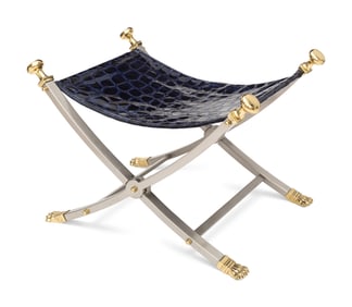 A Stainless Steel, Brass, and Leather Campaign Style Stool