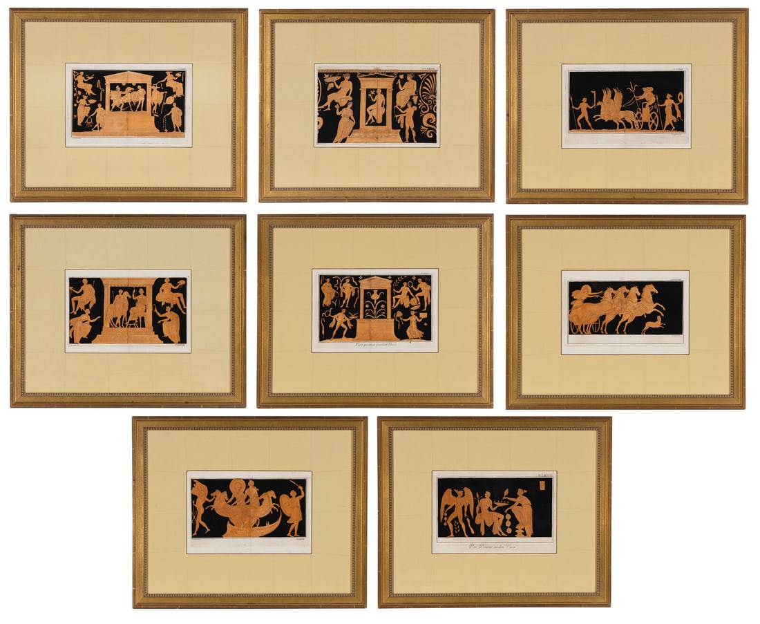 A Group of Eight Hand-Colored Engravings of Vase Designs: A Group of Eight Hand-Colored Engravings of Vase Designs six signed G. Casini, possibly for Giovanni Maria Cassini (Italian, 1745-1824). Framed 18 1/8 x 22 1/4 inches. This lot is located in Chicago.