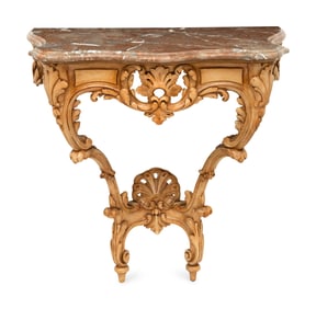 An Italian Carved Walnut Marble Top Console d'Applique