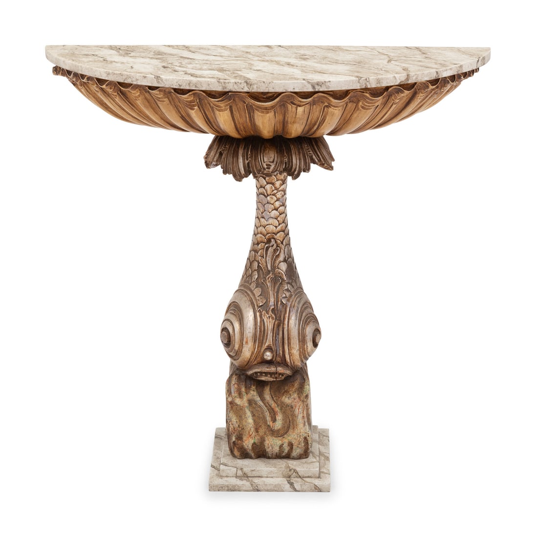 An Italian "Grotto" Style Painted and Silvered Console Table: An Italian "Grotto" Style Painted and Silvered Console Table 20th Century with faux-painted marble top Height 35 1/4 x width 35 1/2 x depth 15 1/2 inches. This lot is located in Palm Beach.