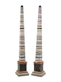 A Pair of Monumental Grand Tour Style Marble-Inlaid Obelisks