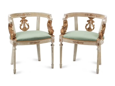 A Pair of Italian Neoclassical Style Painted and Parcel-Gilt Armchairs