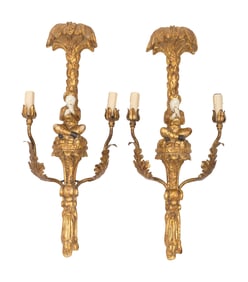 A Pair of Italian Giltwood and Tole Figural Two-Light Sconces